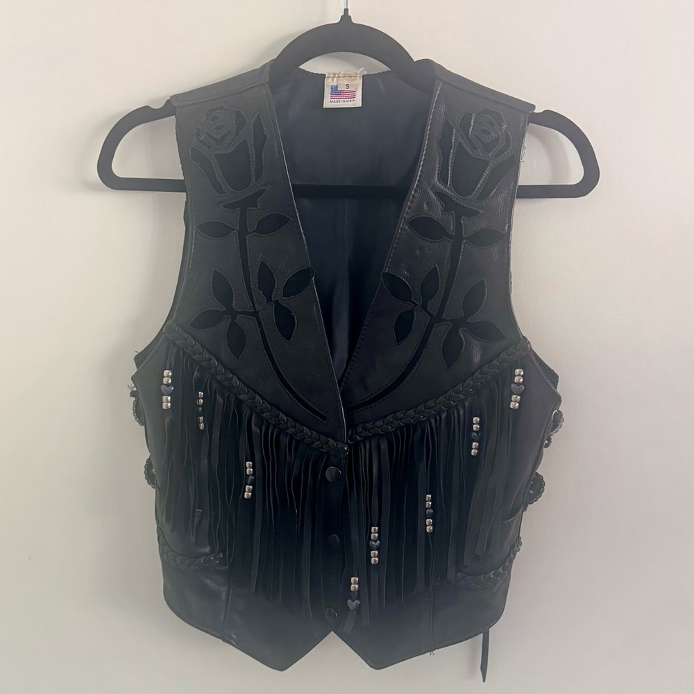 Vintage Black Leather Vest with Fringe and Floral Design